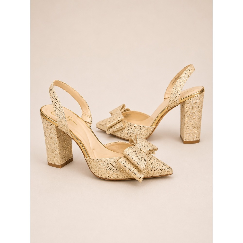 Jessica Simpson Gold Glitter Bow Block Heel Slingback Pumps Size 10